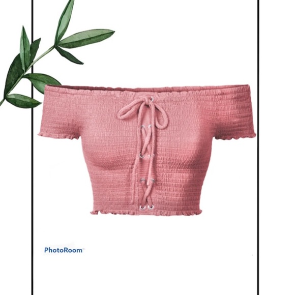 Ambiance Scrunched Off the Shoulder Pink Crop Top - Picture 1 of 8